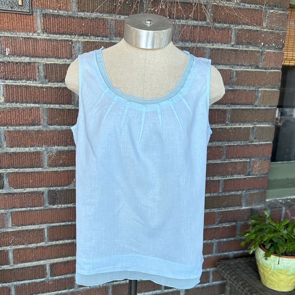 J.Jill aqua blue linen/cotton side zip tank w/organza trim/pin tuck neck. Sz Sm